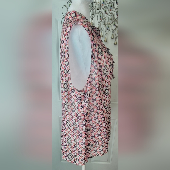 TAHARI Sleeveless Blouse Women's XL Pink Black & Tan Abstract Semi Sheer Ruffled - Picture 4 of 13